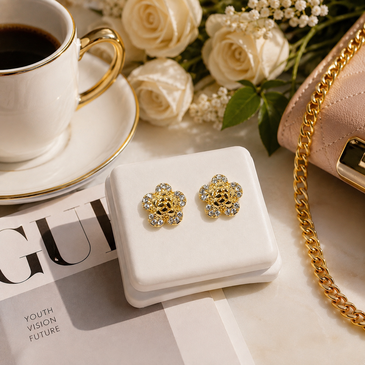 Flower Nugget w/cz -Gold tone